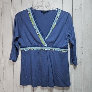 Vintage Boden Women's Blue V-Neck ¾ Sleeve Knit Shirt Size 16 Cotton Modal Blend